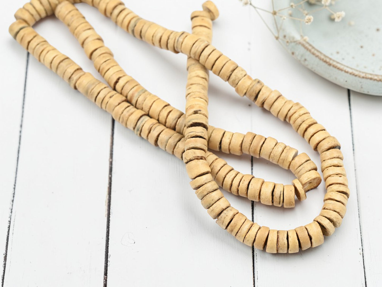 Hand Cut Coconut Shell Natural Wood Heishi Beads (24" Strand) - Choose Your Size