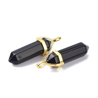 40mm Gold Tone Natural Obsidian Double Terminated Bullet Pendant