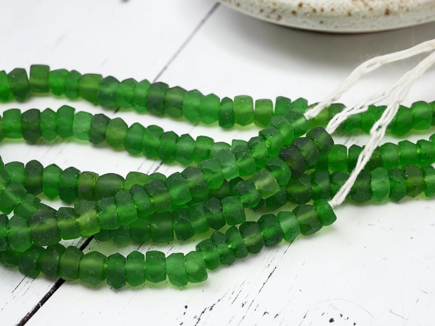 7x11mm Matte Emerald Green Recycled Java Window Glass Faceted Wheel Beads (15" Strand)