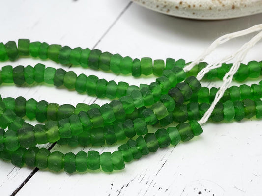 7x11mm Matte Emerald Green Recycled Java Window Glass Faceted Wheel Beads (15" Strand)