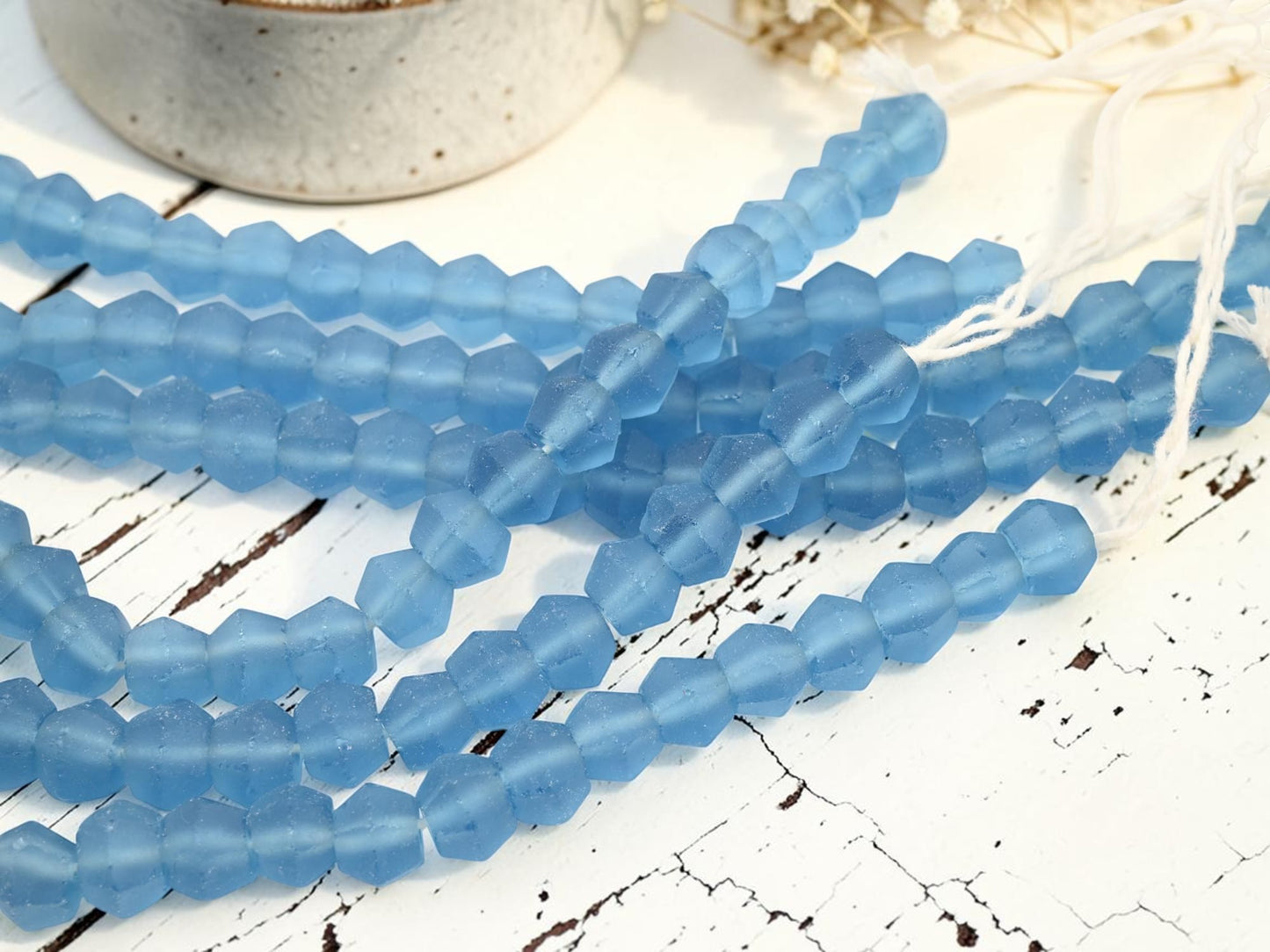 9-12 x 10-13mm Matte Sky Blue Recycled Java Window Glass Faceted Bicone Beads (15" Strand)