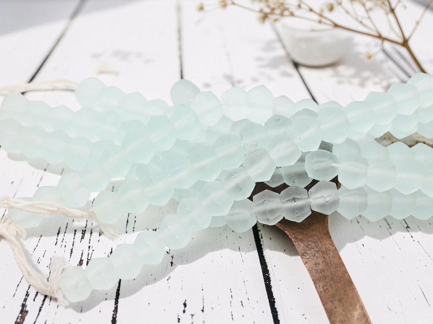 9-12 x 10-13mm Matte Seamist Recycled Java Window Glass Faceted Bicone Beads (15" Strand)
