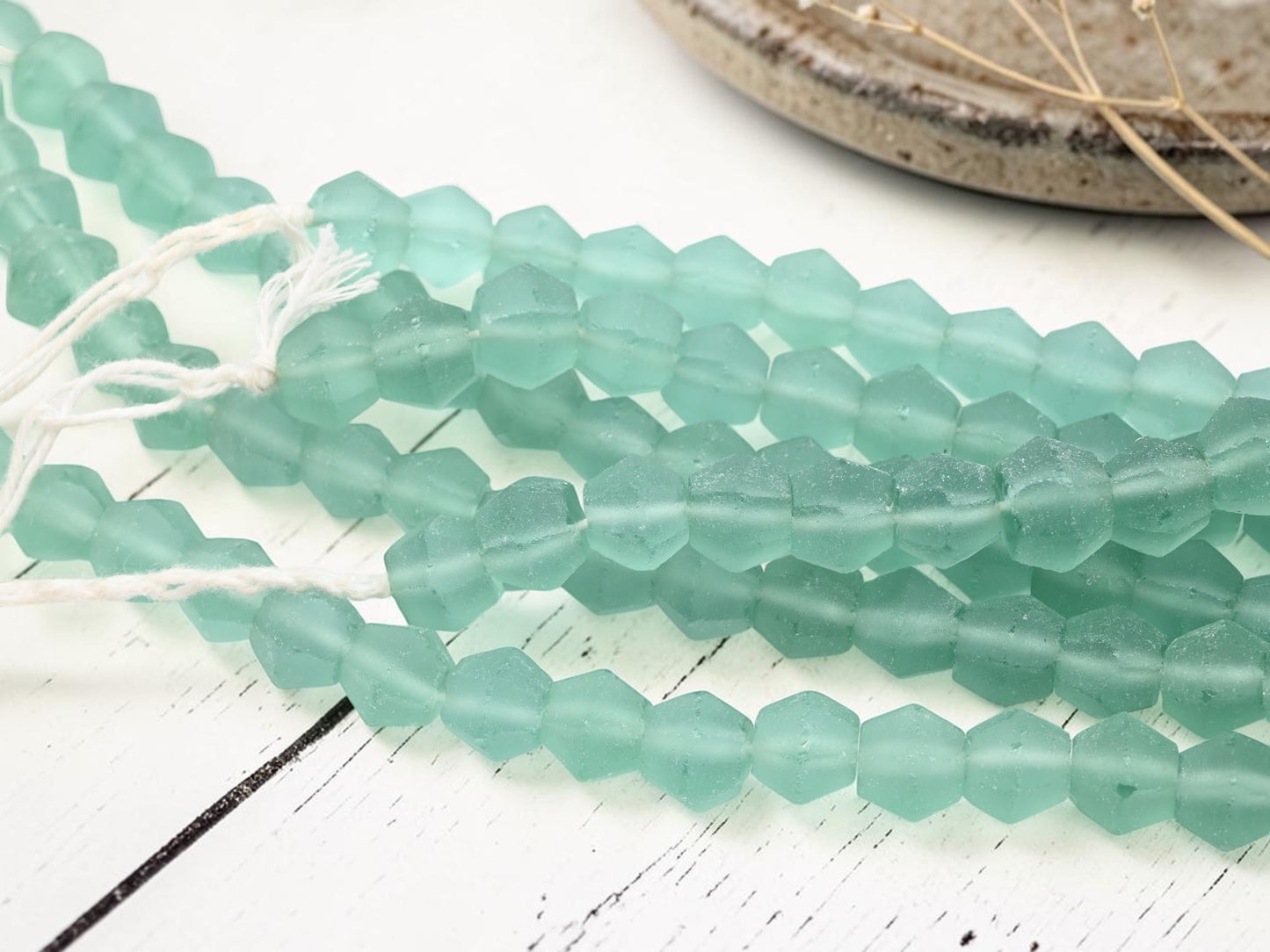 9-12 x 10-13mm Matte Sea Green Recycled Java Window Glass Faceted Bicone Beads (15" Strand)