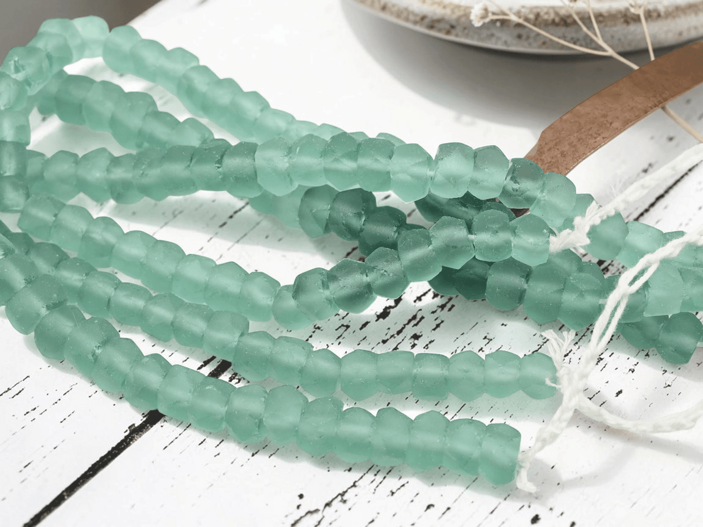 7x11mm Matte Sea Green Recycled Java Window Glass Faceted Wheel Beads (15" Strand)