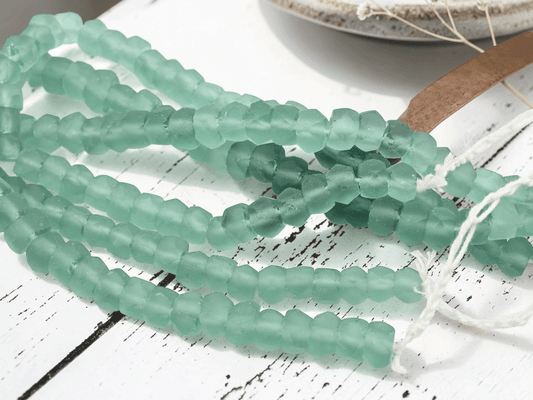 7x11mm Matte Sea Green Recycled Java Window Glass Faceted Wheel Beads (15" Strand)