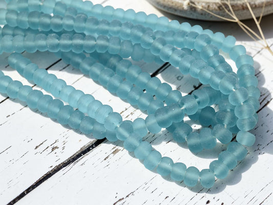 12 - 13mm Matte Blue Aqua Recycled Java Window Glass Donut Rondelle Beads (15" Strand)