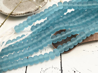 12 - 13mm Matte Blue Aqua Recycled Java Window Glass Donut Rondelle Beads (15" Strand)