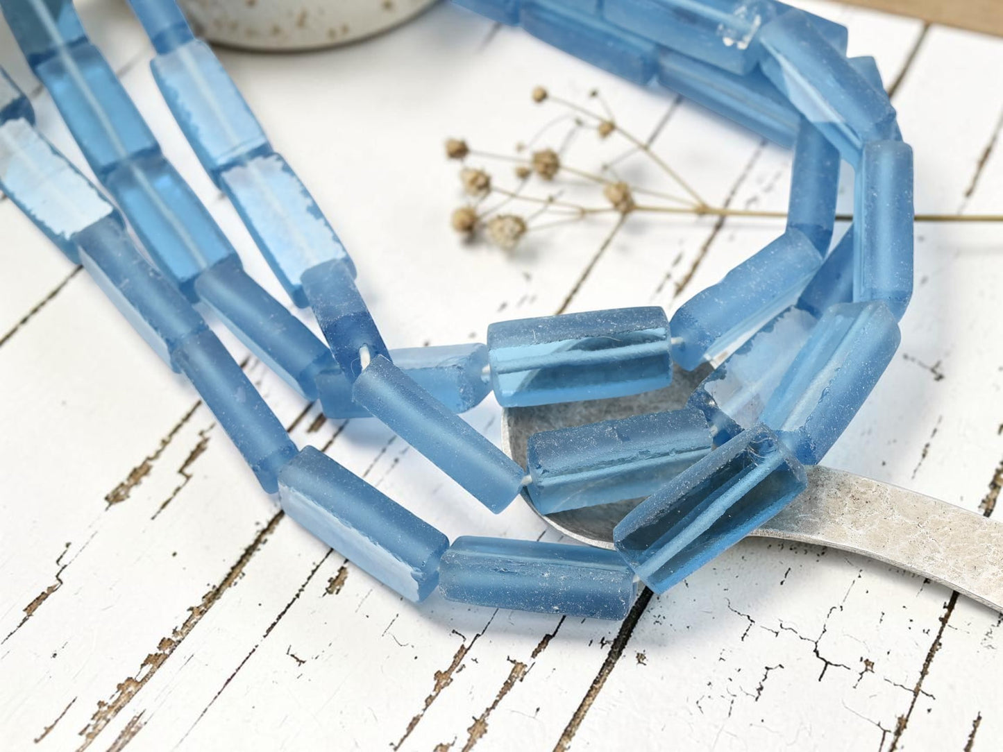 7x12x30mm Matte Sky Blue Recycled Java Window Glass Rectangle Beads (16" Strand)