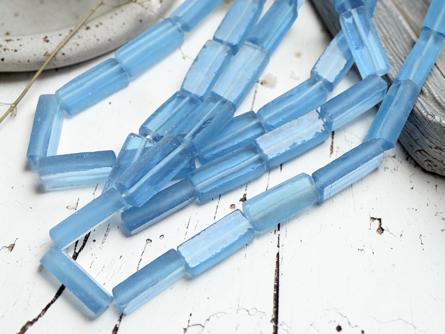 7x12x30mm Matte Sky Blue Recycled Java Window Glass Rectangle Beads (16" Strand)
