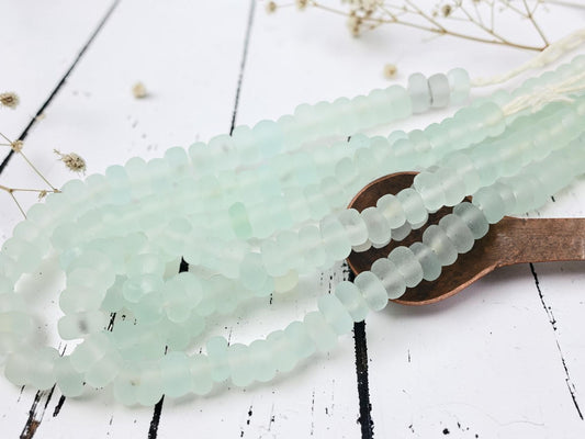 9-10 x 4-5mm Matte Seamist Recycled Java Window Glass Donut Rondelle Beads (15" Strand)
