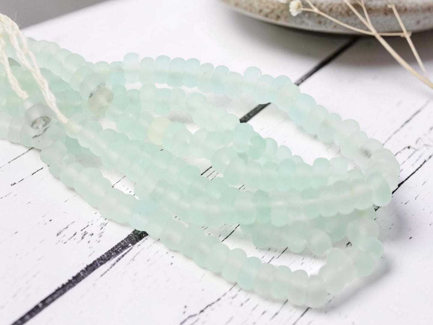 9-10 x 4-5mm Matte Seamist Recycled Java Window Glass Donut Rondelle Beads (15" Strand)