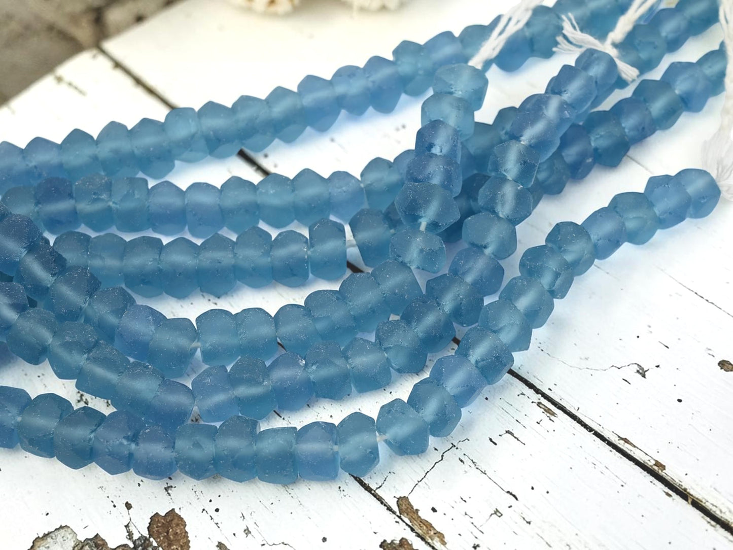 7x11mm Matte Sky Blue Recycled Java Window Glass Faceted Wheel Beads (15" Strand)
