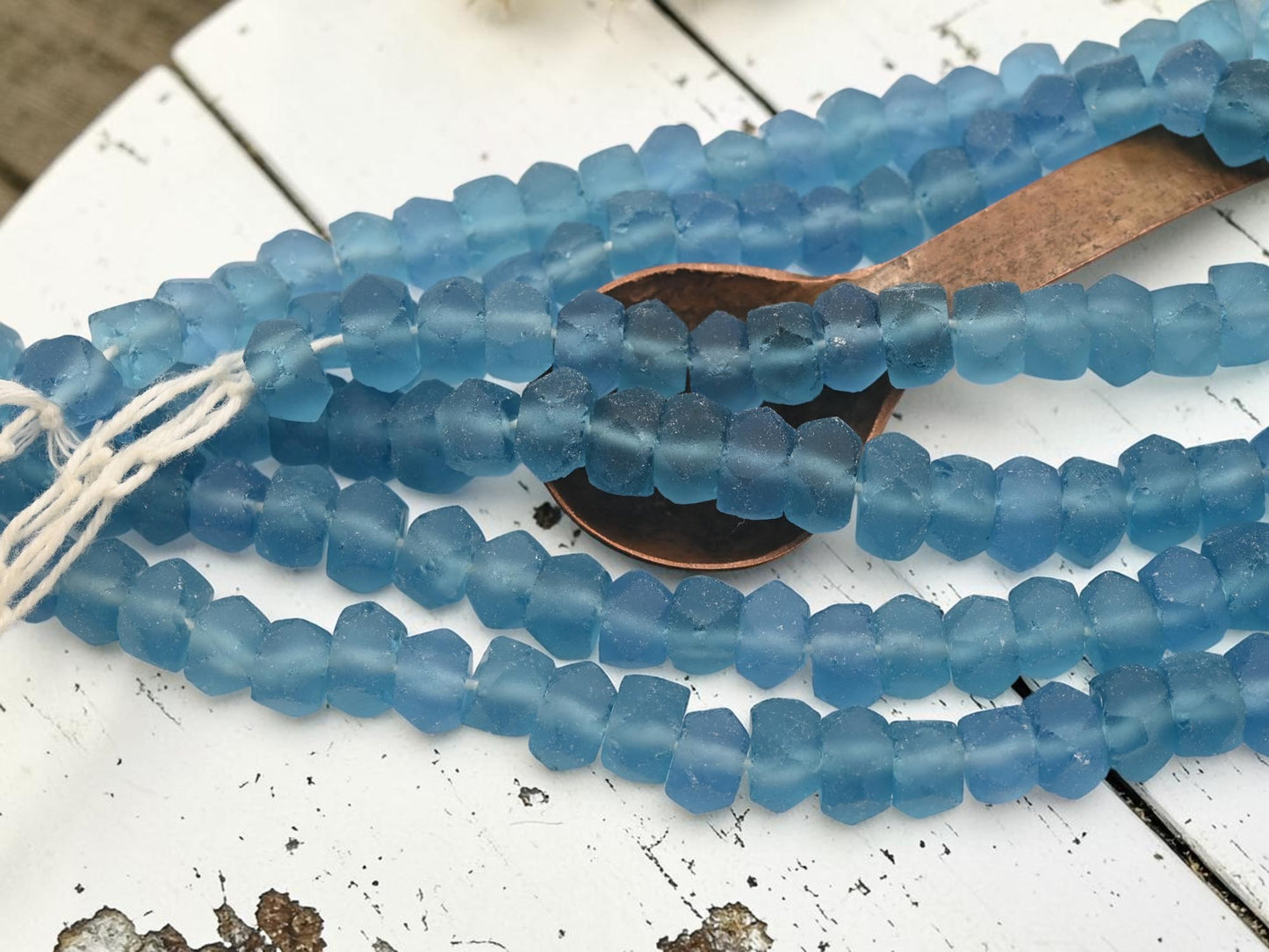7x11mm Matte Sky Blue Recycled Java Window Glass Faceted Wheel Beads (15" Strand)