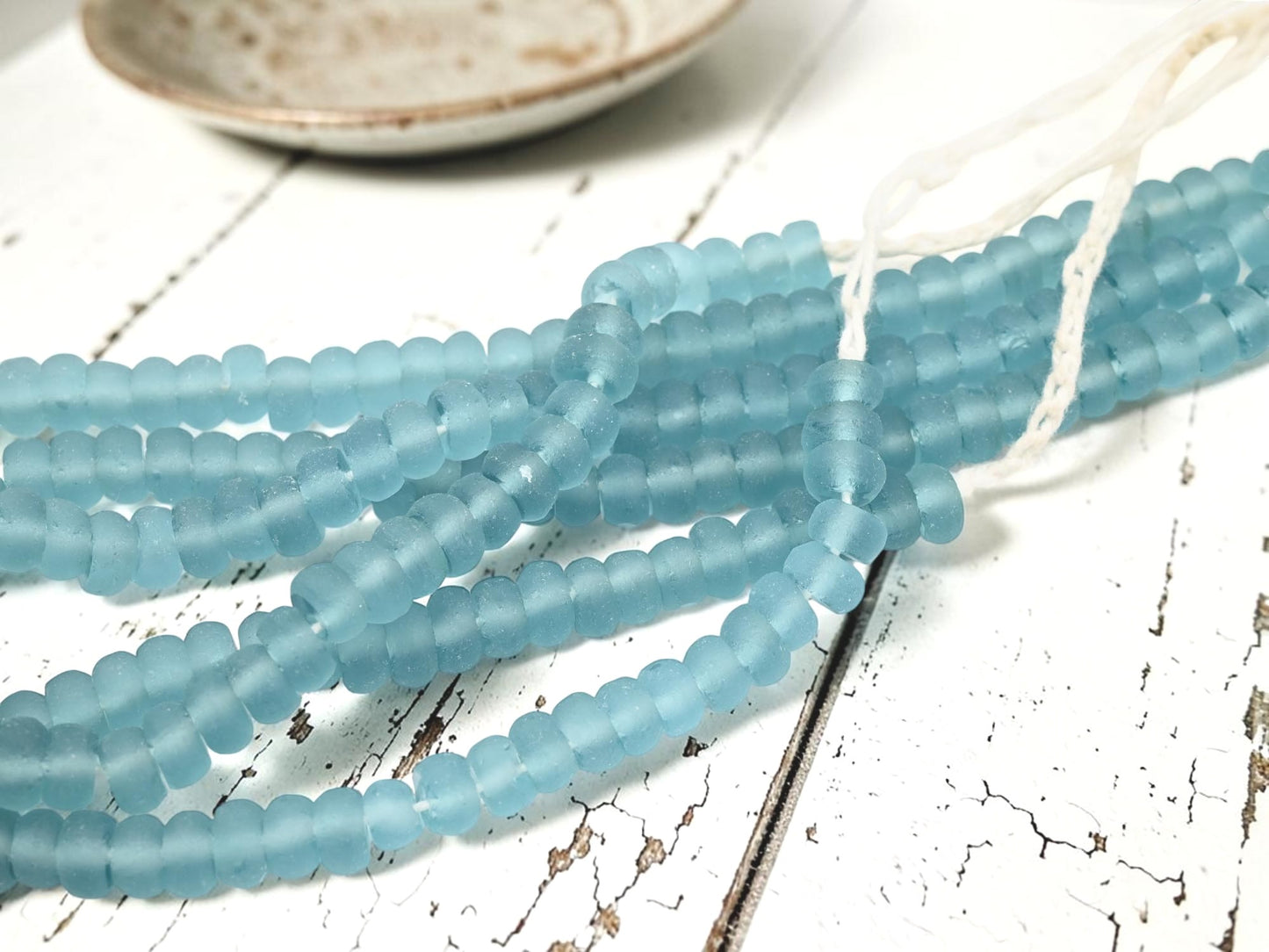 9-10 x 4-5mm Matte Blue Aqua Recycled Java Window Glass Donut Rondelle Beads (15" Strand)