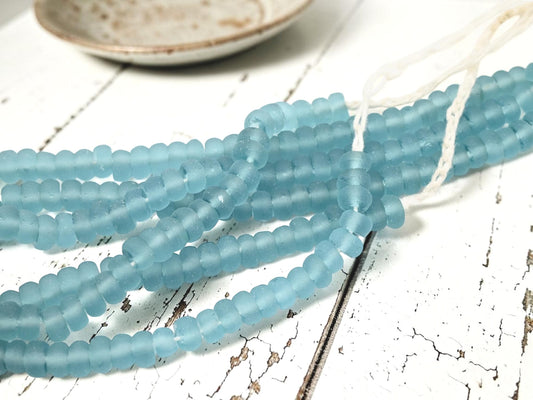 9-10 x 4-5mm Matte Blue Aqua Recycled Java Window Glass Donut Rondelle Beads (15" Strand)