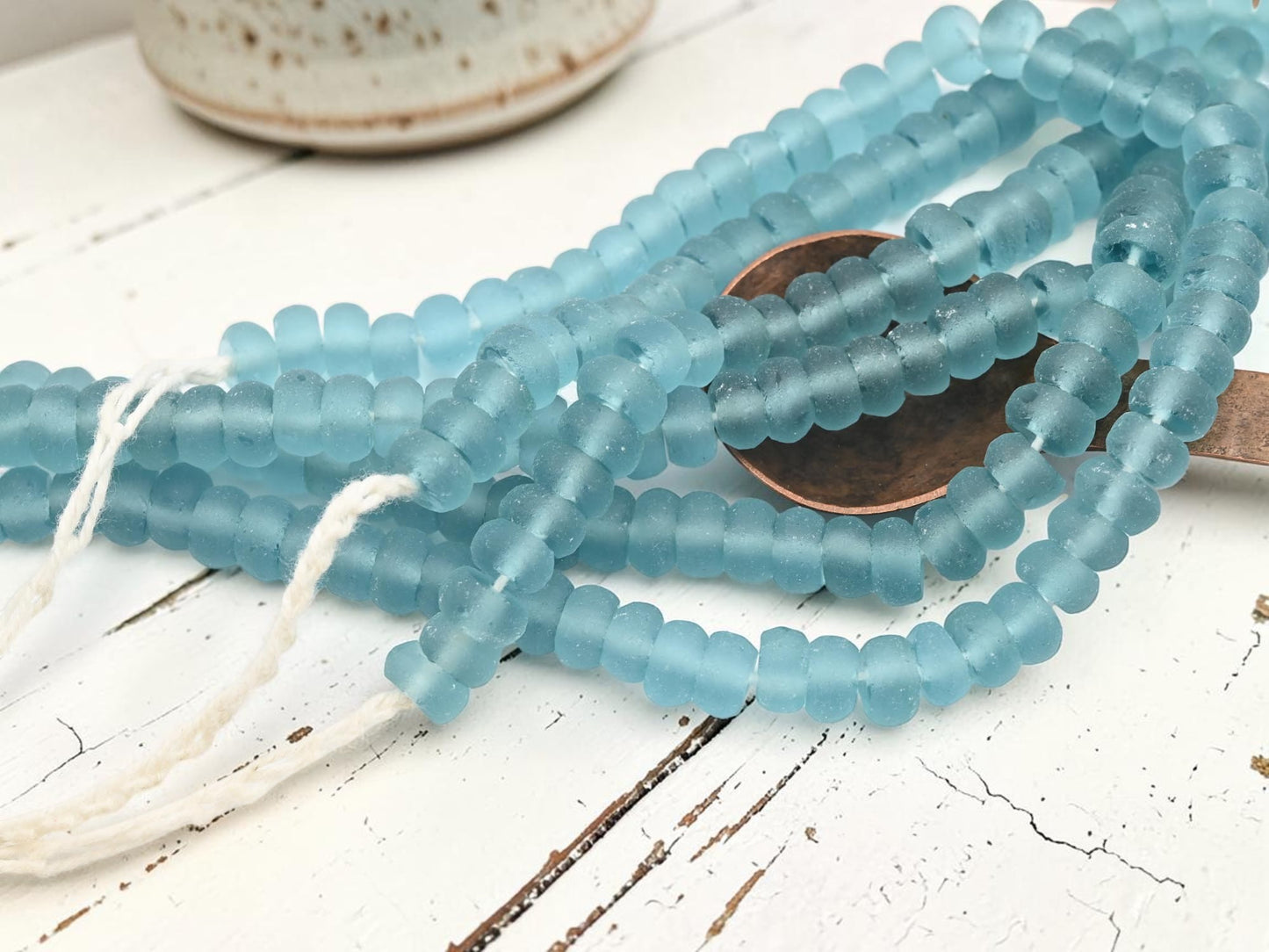 9-10 x 4-5mm Matte Blue Aqua Recycled Java Window Glass Donut Rondelle Beads (15" Strand)