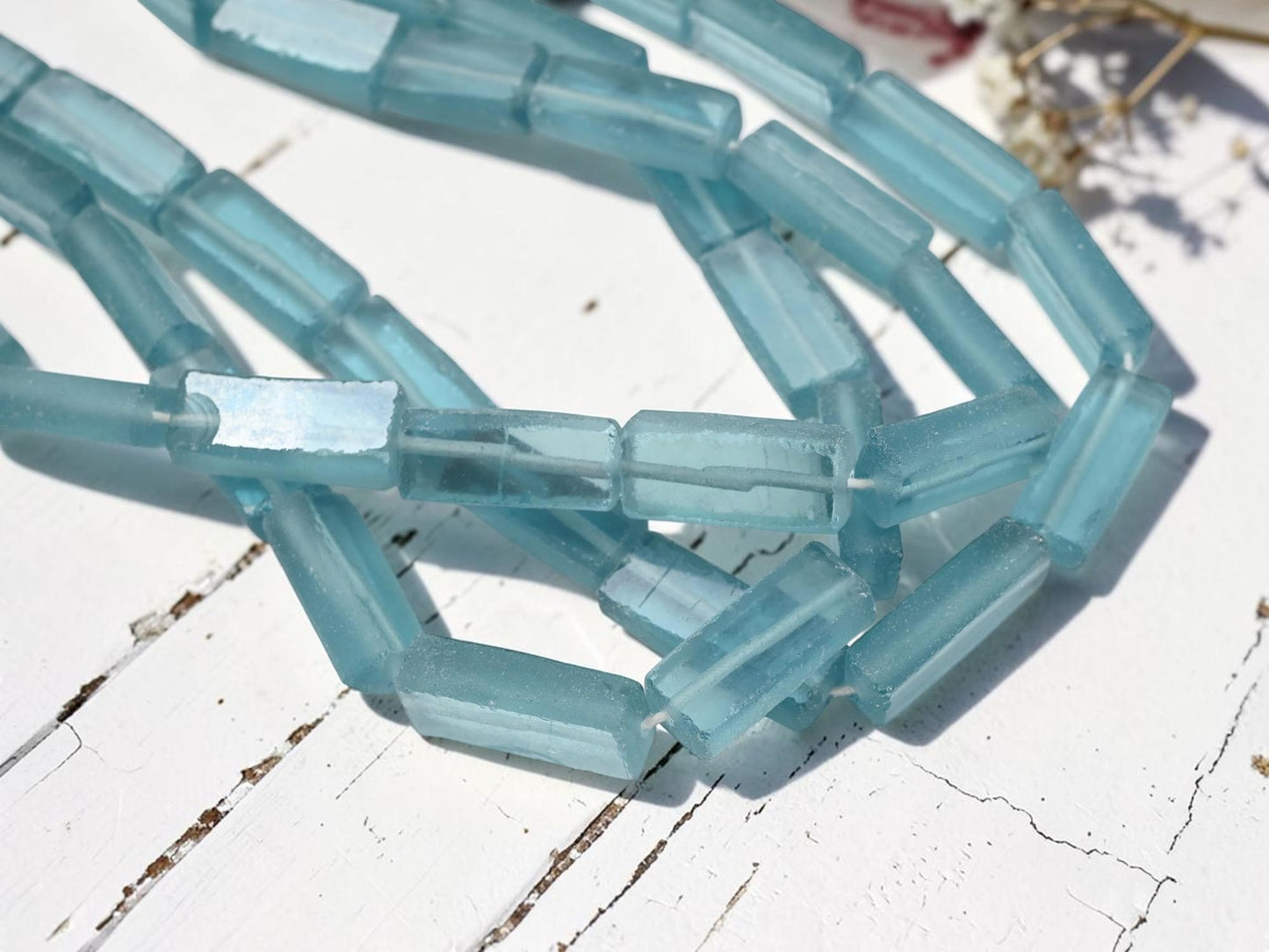 7x12x30mm Matte Blue Aqua Recycled Java Window Glass Rectangle Beads (16" Strand)