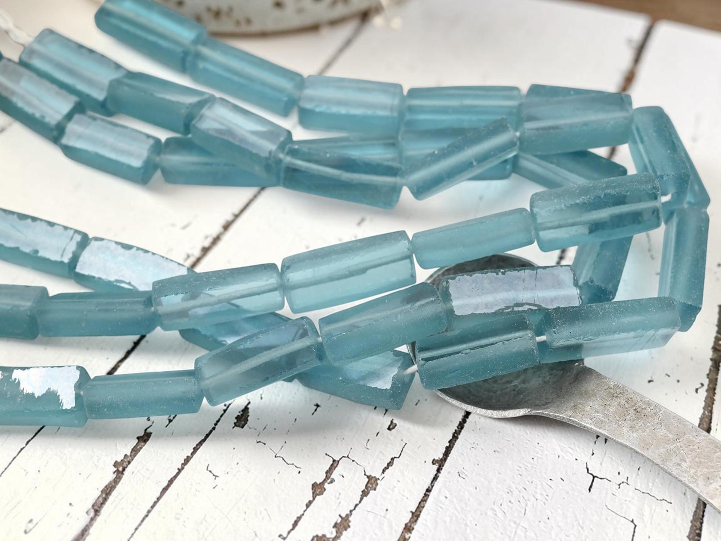 7x12x30mm Matte Blue Aqua Recycled Java Window Glass Rectangle Beads (16" Strand)