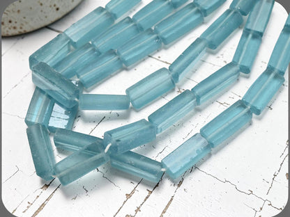 7x12x30mm Matte Blue Aqua Recycled Java Window Glass Rectangle Beads (16" Strand)