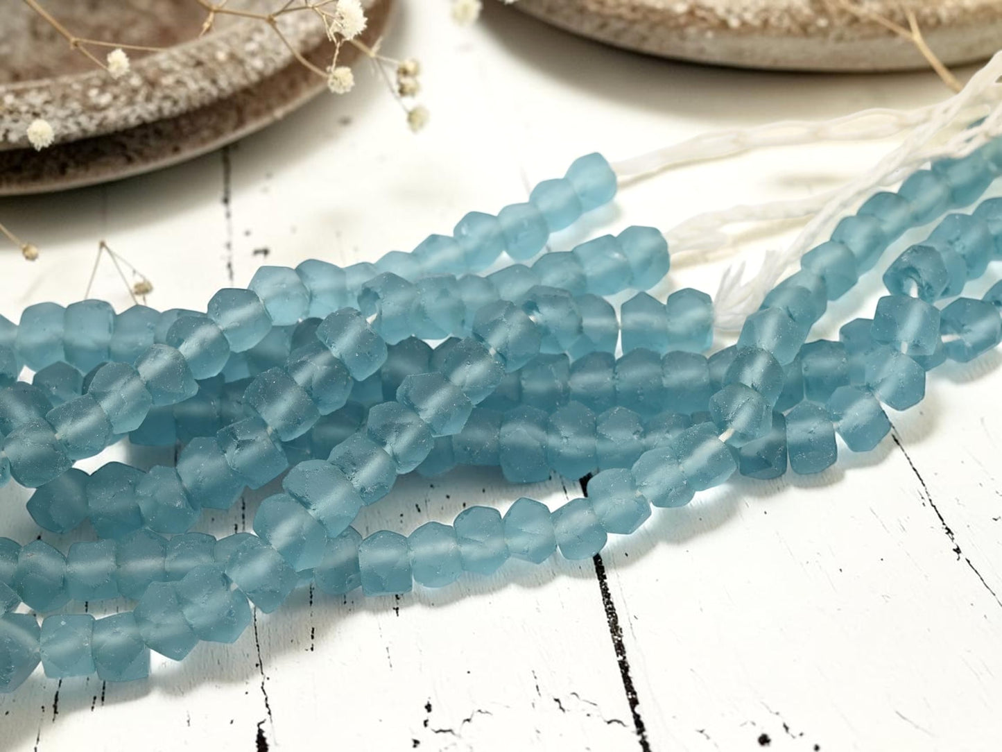 7x11mm Matte Blue Aqua Recycled Java Window Glass Beads