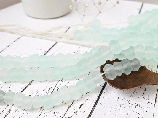 7x11mm Matte Seamist Recycled Java Window Glass Faceted Wheel Beads (15" Strand)
