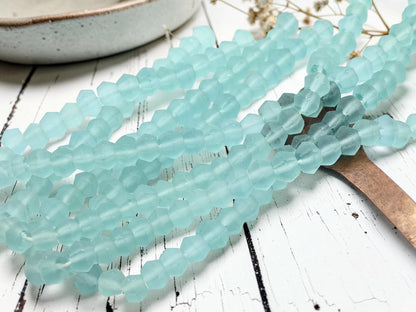9-12 x 10-13mm Matte Blue Aqua Recycled Java Window Glass Faceted Bicone Beads (15" Strand)