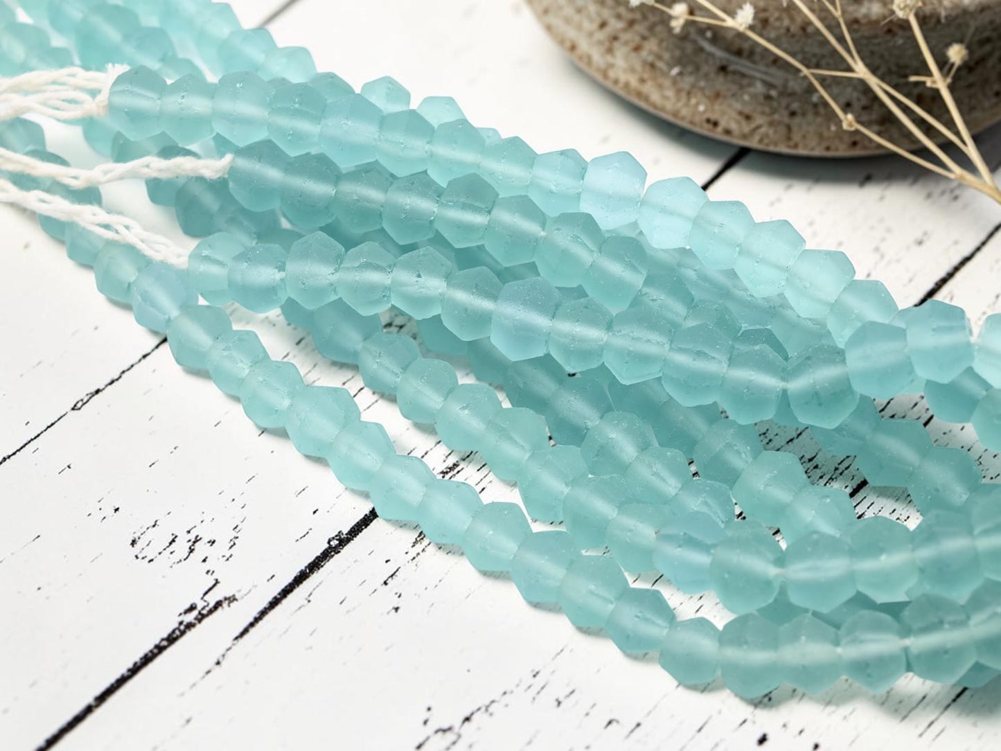 9-12 x 10-13mm Matte Blue Aqua Recycled Java Window Glass Faceted Bicone Beads (15" Strand)