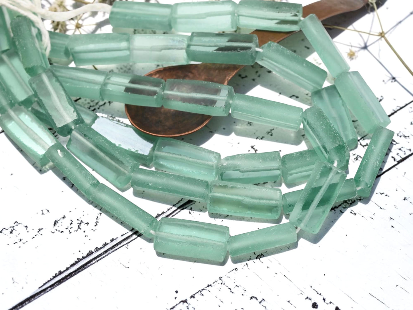 7x12x30mm Matte Sea Green Recycled Java Window Glass Rectangle Beads (16" Strand)