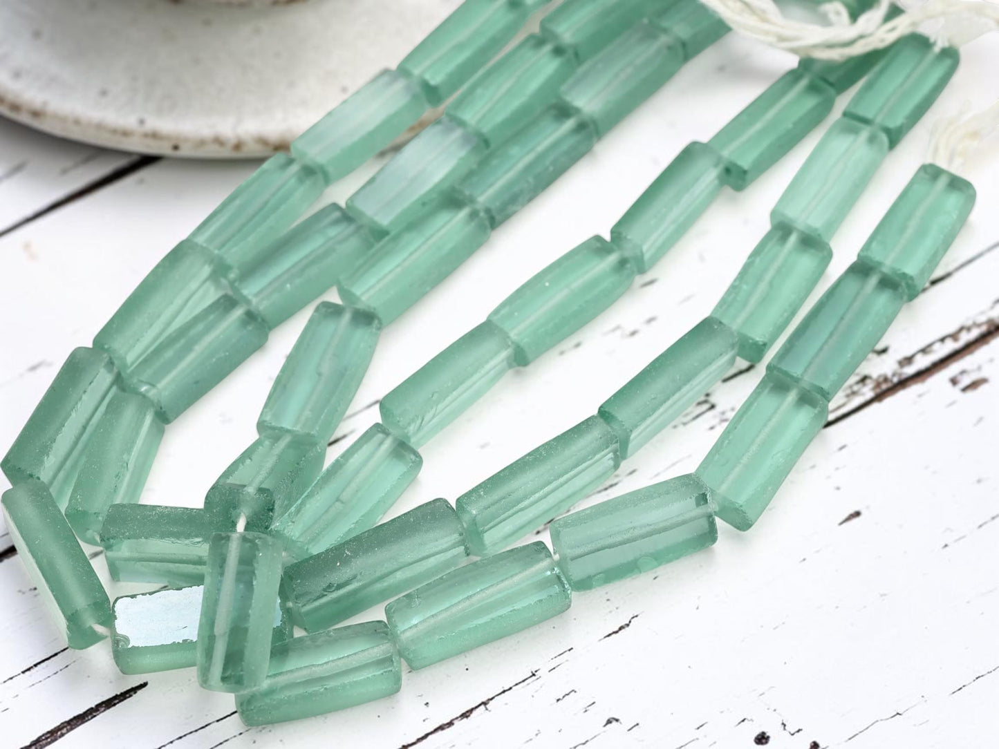 7x12x30mm Matte Sea Green Recycled Java Window Glass Rectangle Beads (16" Strand)
