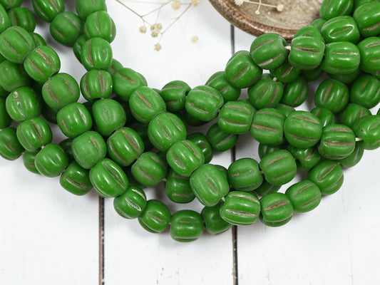 Aged Green Pompeii "Melon" Round Beads (24" Strand) - Indonesian Glass Beads