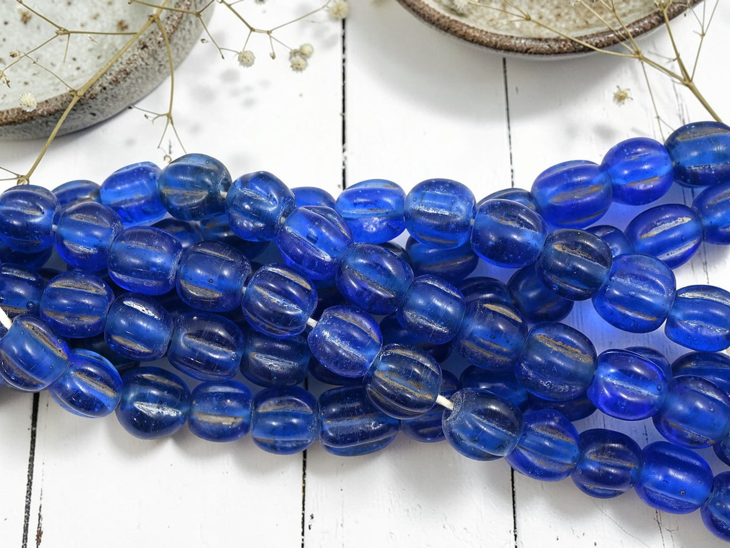 Aged Sapphire Pompeii "Melon" Round Beads (24" Strand) - Indonesian Glass Beads