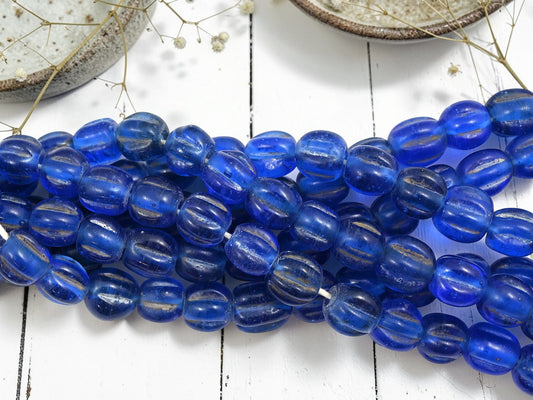 Aged Sapphire Pompeii "Melon" Round Beads (24" Strand) - Indonesian Glass Beads
