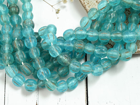 Aged Aquamarine Pompeii "Melon" Round Beads (24" Strand) - Indonesian Glass Beads