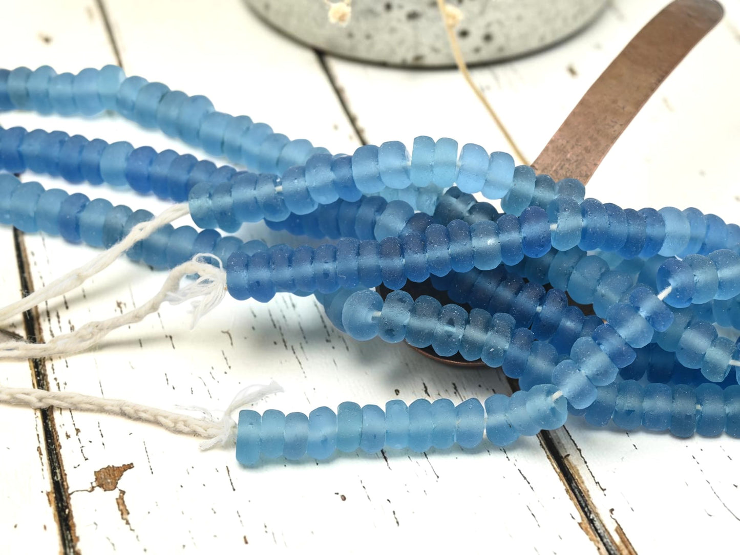 9-10 x 4-5mm Matte Sky Blue Recycled Java Window Glass Donut Rondelle Beads (15" Strand)
