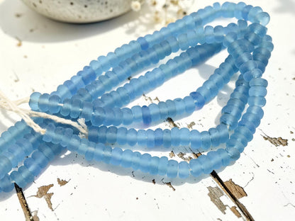 9-10 x 4-5mm Matte Sky Blue Recycled Java Window Glass Donut Rondelle Beads (15" Strand)