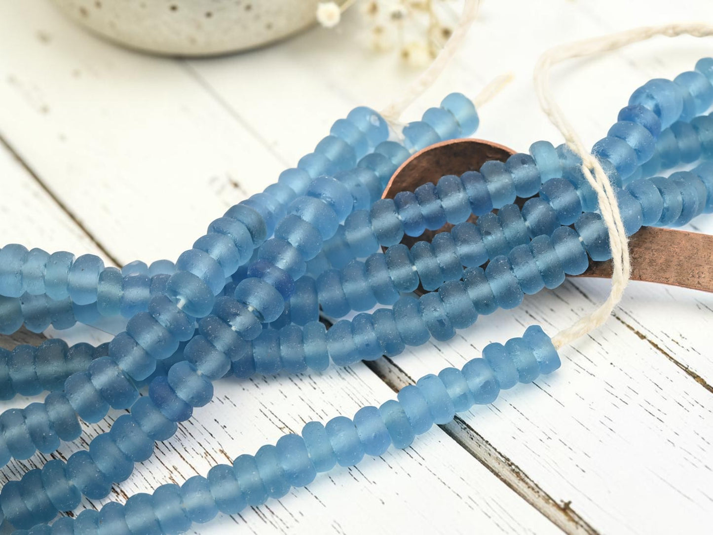 9-10 x 4-5mm Matte Sky Blue Recycled Java Window Glass Donut Rondelle Beads (15" Strand)