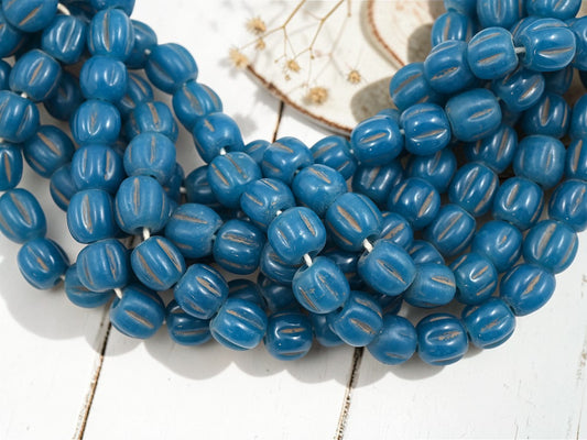 Aged Pacific Blue Pompeii "Melon" Round Beads (24" Strand) - Indonesian Glass Beads