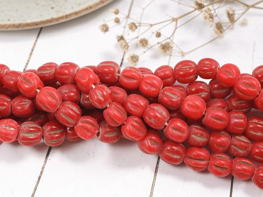 Aged Red Pompeii "Melon" Round Beads (24" Strand) - Indonesian Glass Beads