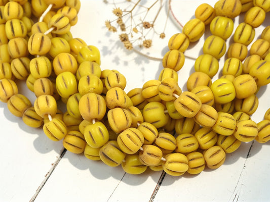 Aged Yellow Pompeii "Melon" Round Beads (24" Strand) - Indonesian Glass Beads
