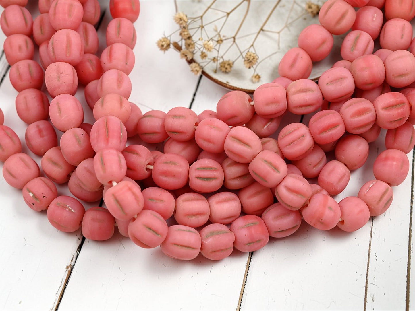 Aged Coral Pink Pompeii "Melon" Round Beads (24" Strand) - Indonesian Glass Beads