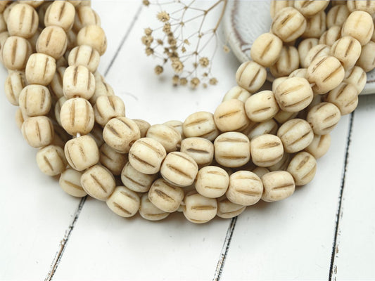 Aged Ivory Pompeii "Melon" Round Beads (24" Strand) - Indonesian Glass Beads