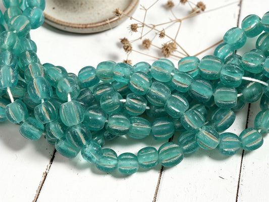Aged Teal Pompeii "Melon" Round Beads (24" Strand) - Indonesian Glass Beads