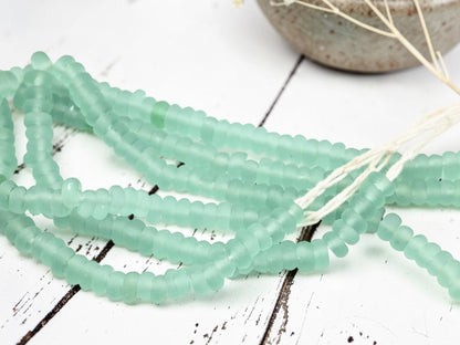 9-10 x 4-5mm Matte Sea Green Recycled Java Window Glass Donut Rondelle Beads (15" Strand)