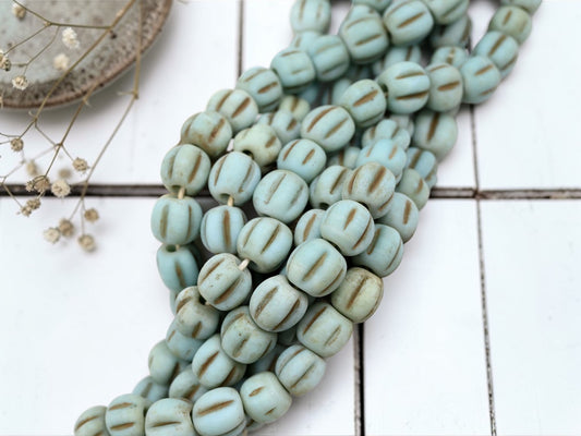 Aged Robins Egg Pompeii "Melon" Round Beads (24" Strand) - Indonesian Glass Beads