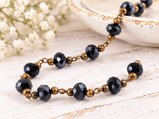 6x8mm Black Pearl Luster Fire Polished Rondelles with Bronze Beaded Chain (39.3")
