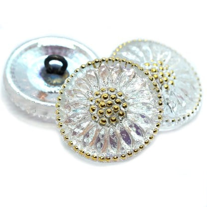 18mm Daisy Button Transparent Glass with AB + Gold Finish - Czech Glass Buttons