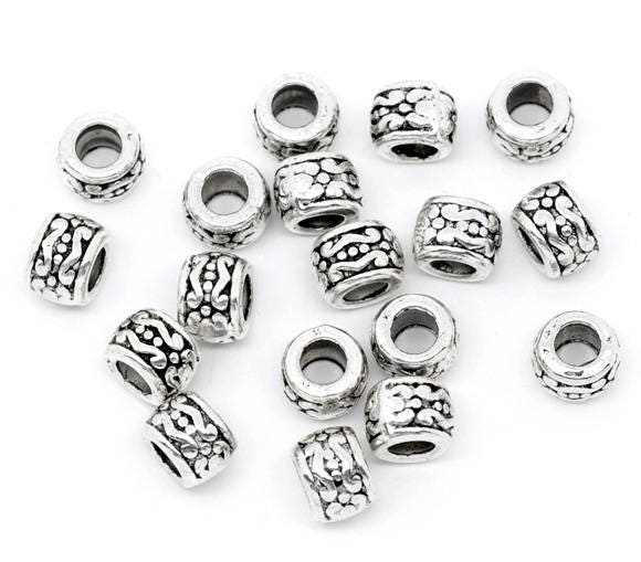 *50* 7x5mm Antique Silver Large Hole Drum Beads