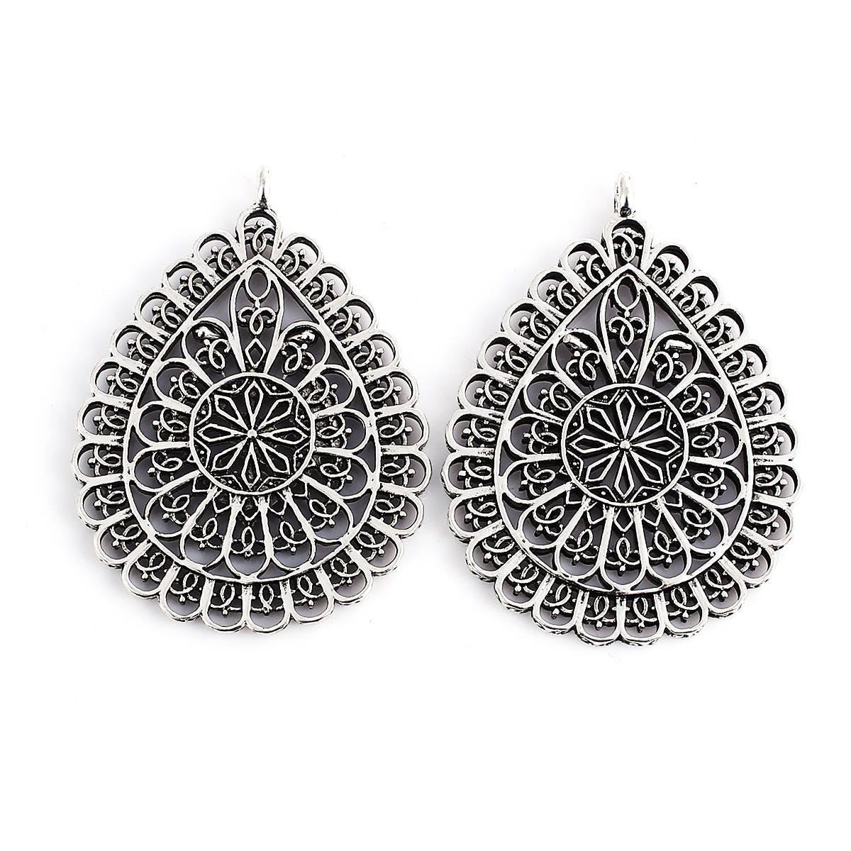 59x43mm Antique Silver Filigree Teardrop Pendants -- 3pcs