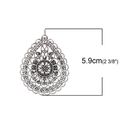 59x43mm Antique Silver Filigree Teardrop Pendants -- 3pcs