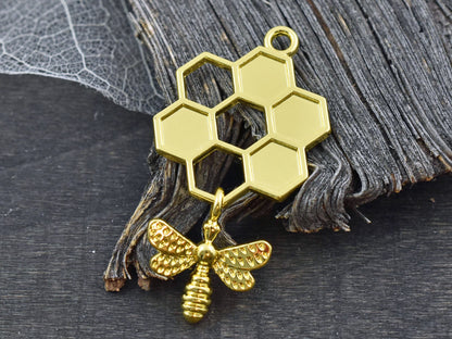 *5* 46x24mm Gold Plated Bee Honeycomb Charms